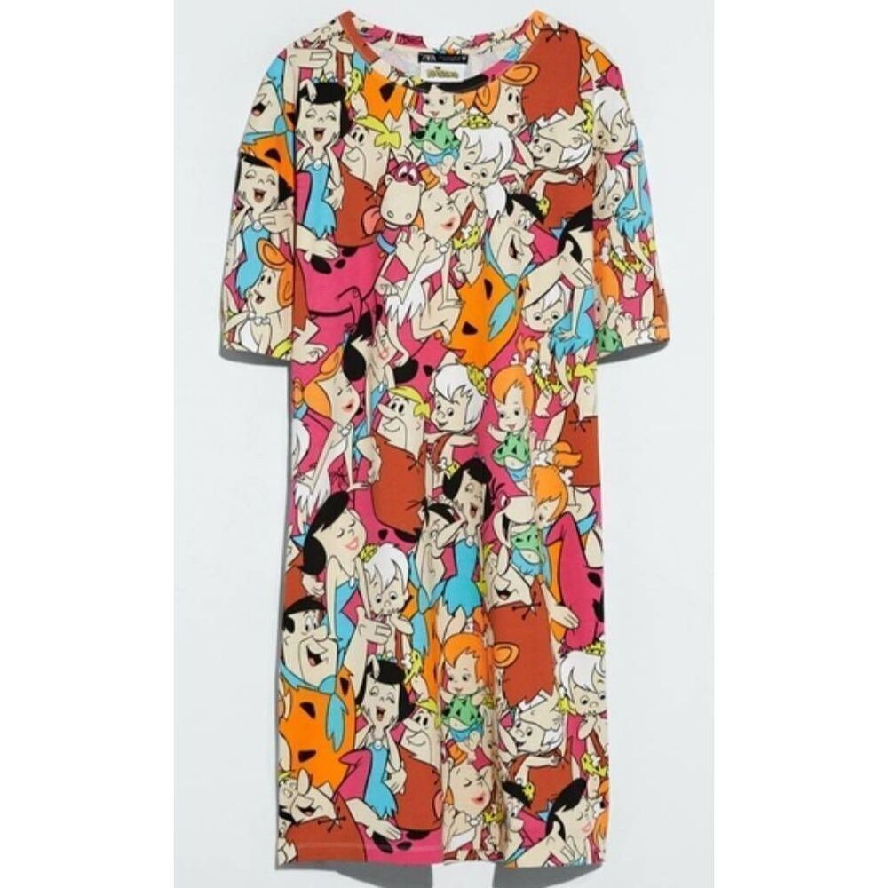 Zara Flintstones womens small tshirt dress multi colored orange blue brown
